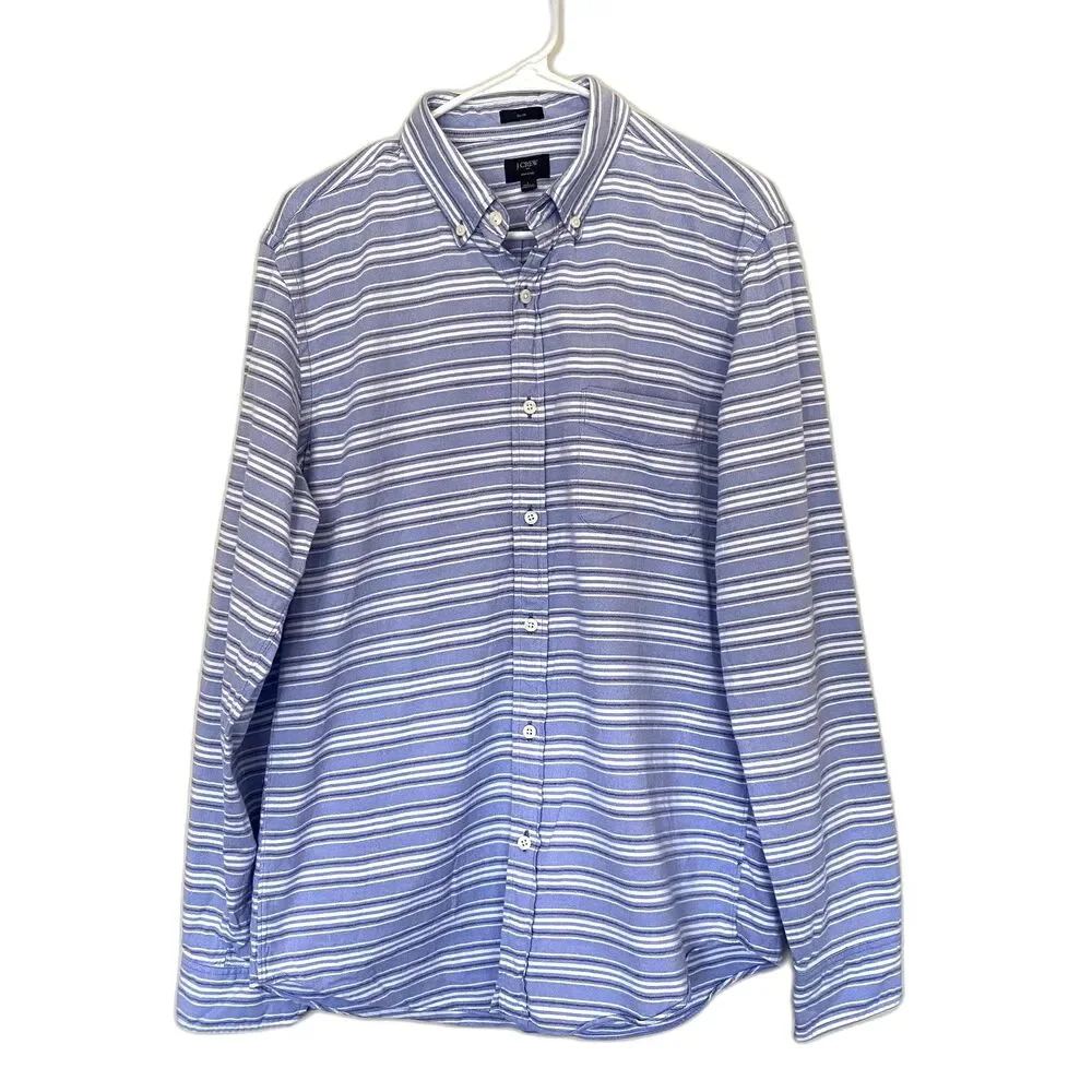 J. Crew Men Slim Fit Oxford Shirt Baby Blue Stripe Cotton Button Down Size Large